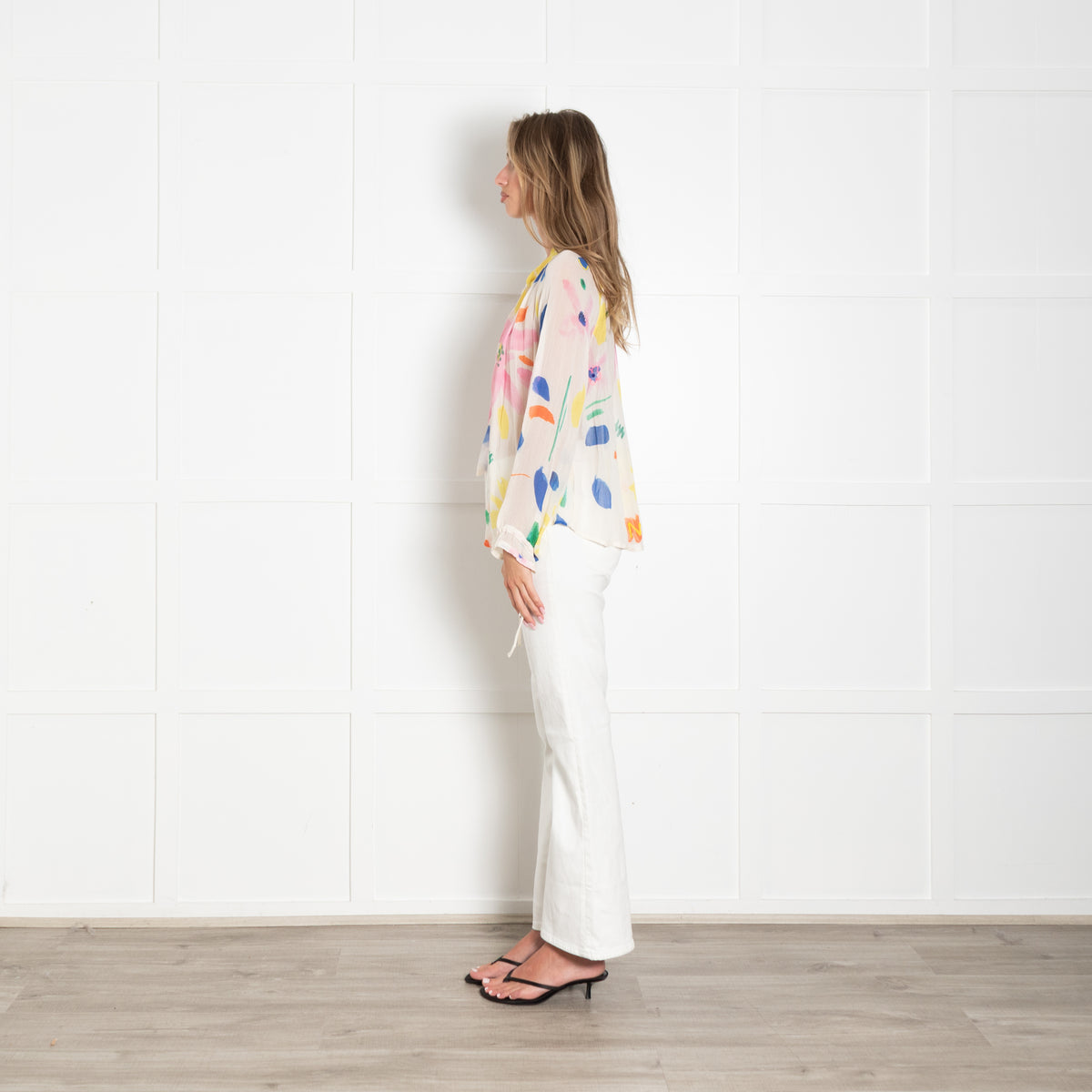 Pyrus Cream Pink Orange Blue Print Tie V Neck Blouse