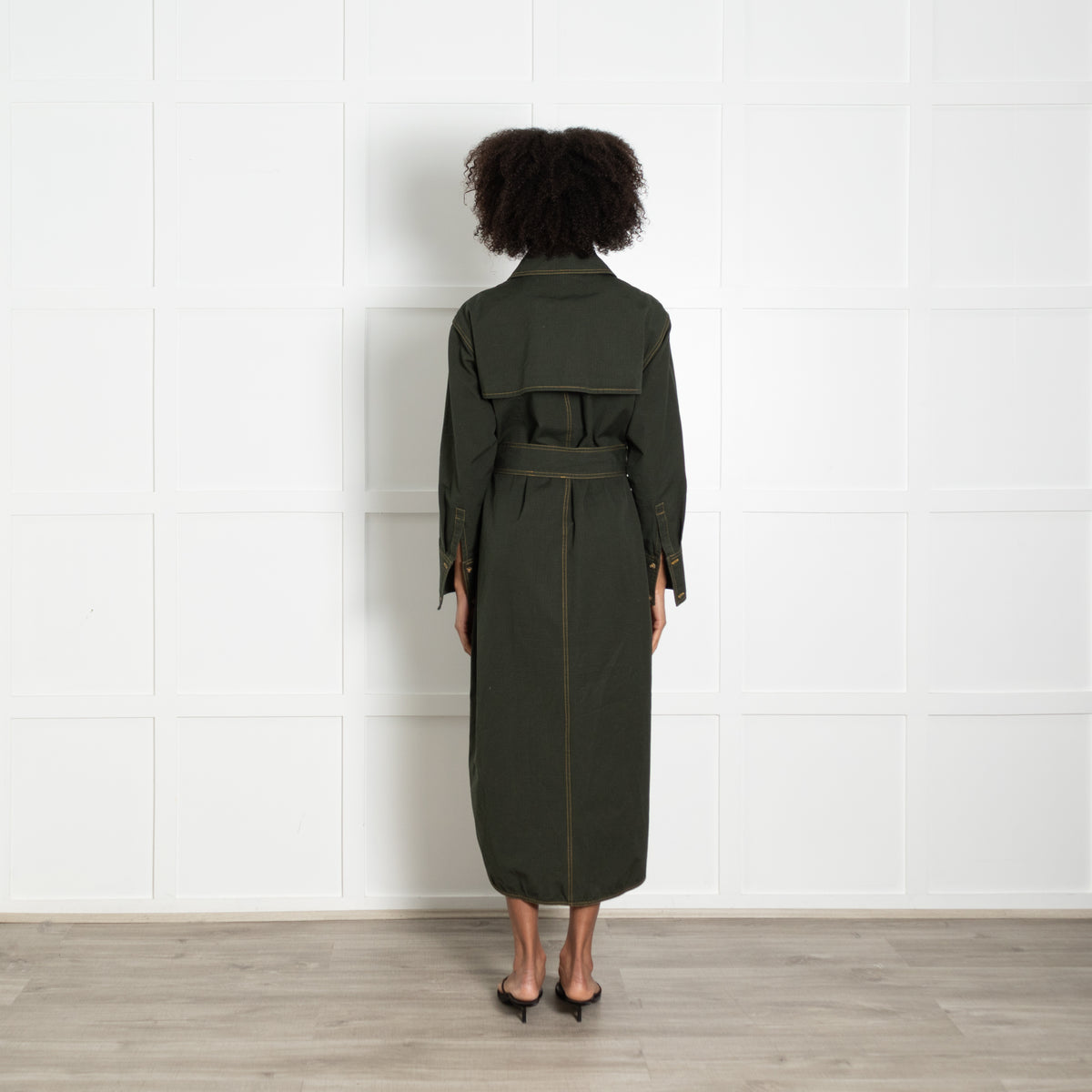 Wiggy Kit Forest Green Cotton Pocket Detail Belted Shirt Dress