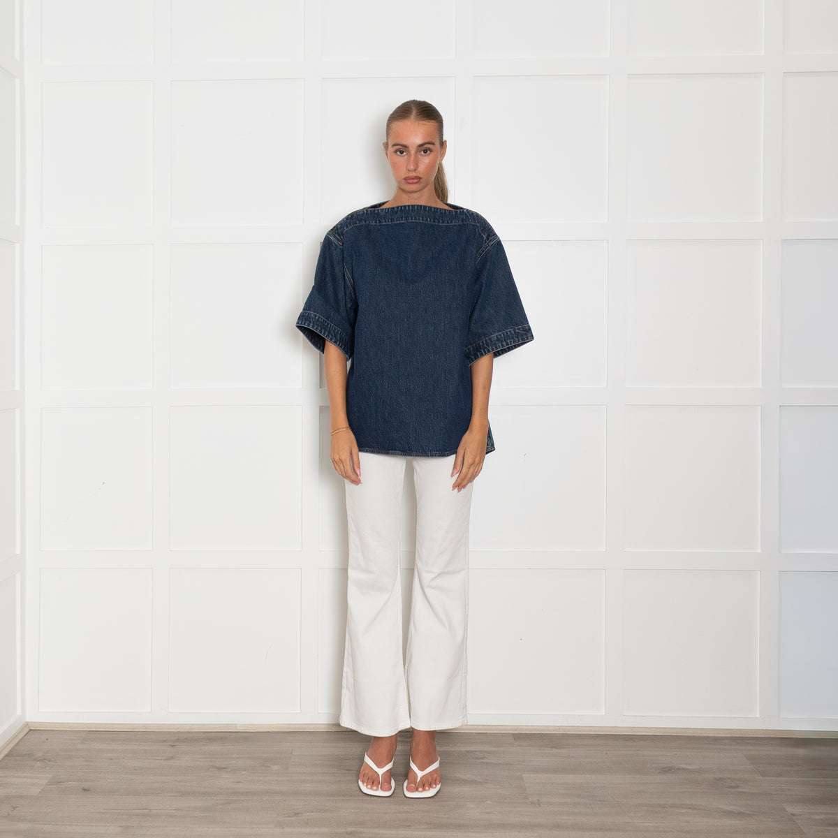 Toteme Dark Denim Structured Short Sleeve Top