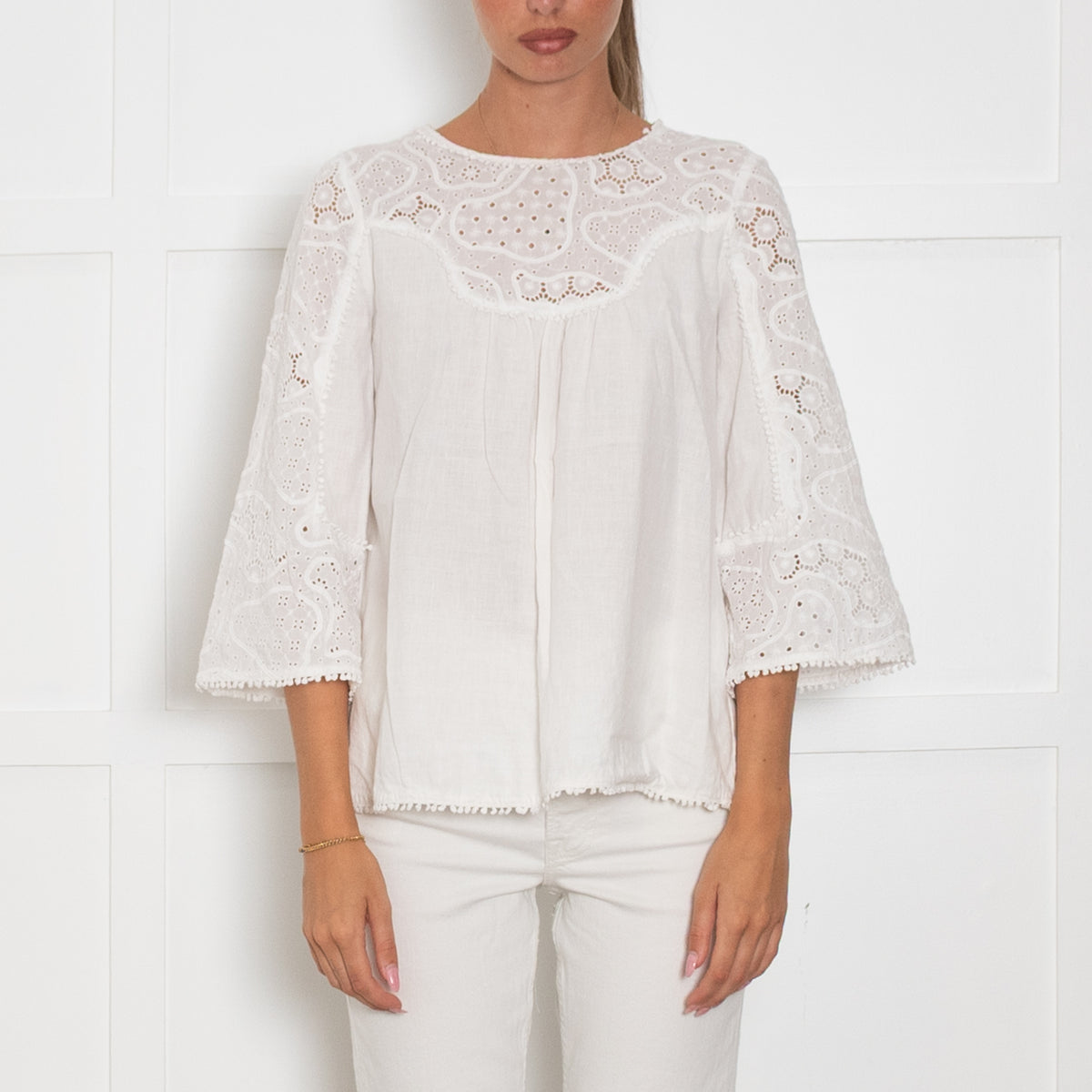 MIH Cream Cotton Embroidered Kaftan Top