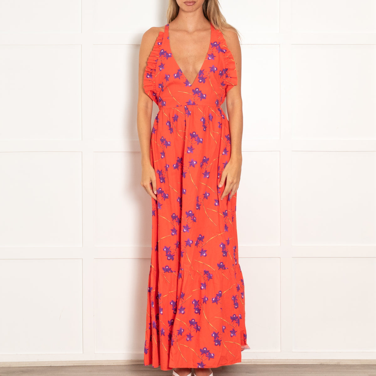 Borgo De Nor Red Halter Neck Dress With Purple Flowers
