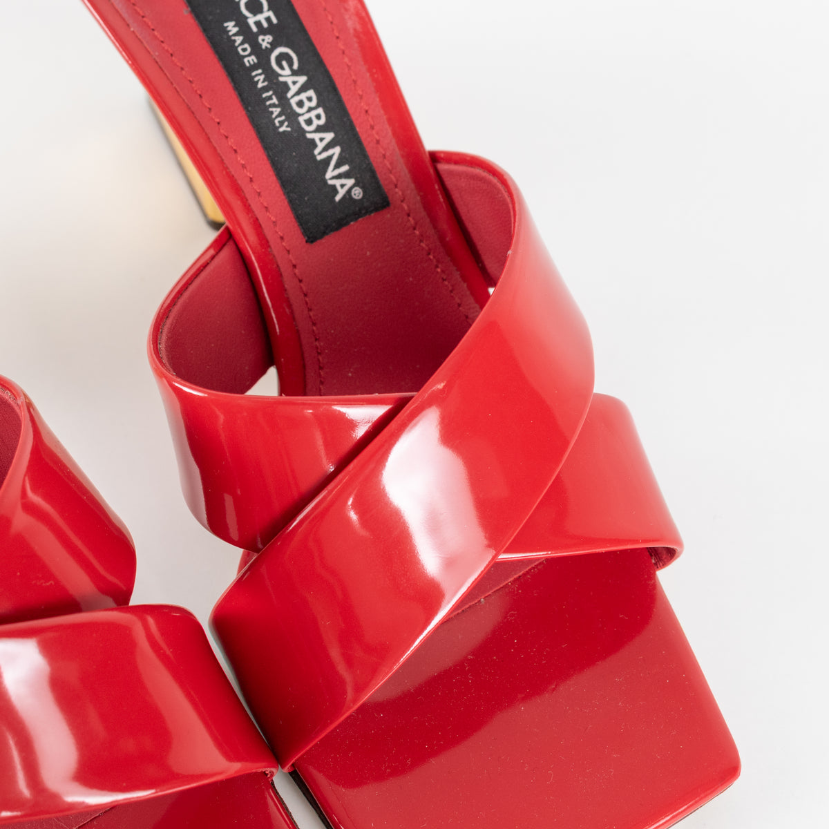 Dolce & Gabbana Red Patent Leather Mules With Gold Monogram Heel