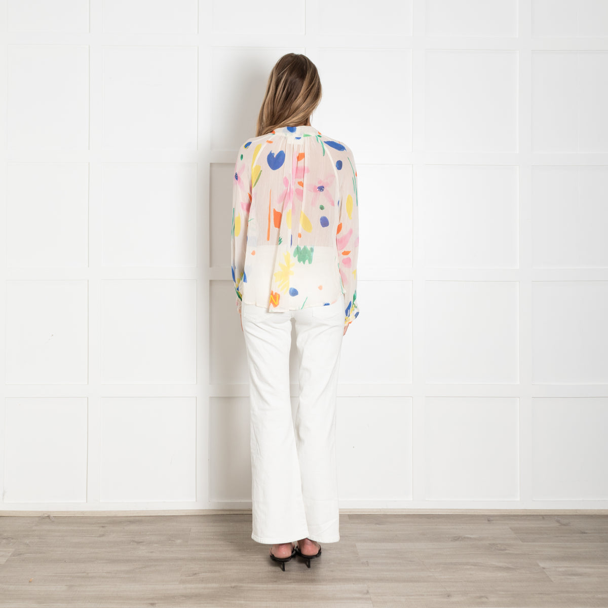 Pyrus Cream Pink Orange Blue Print Tie V Neck Blouse
