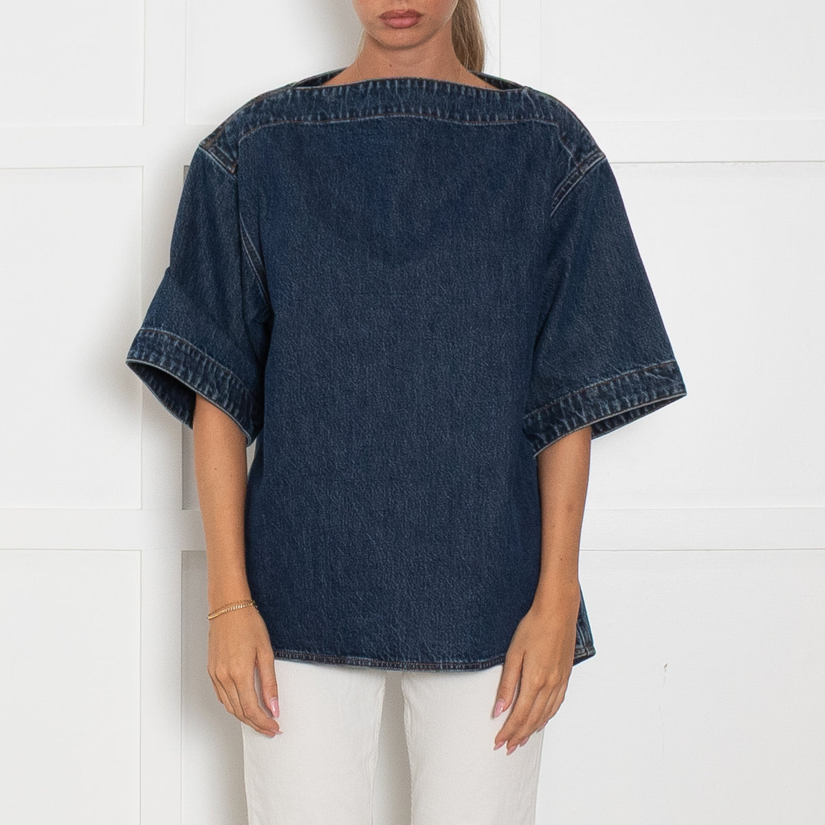 Toteme Dark Denim Structured Short Sleeve Top