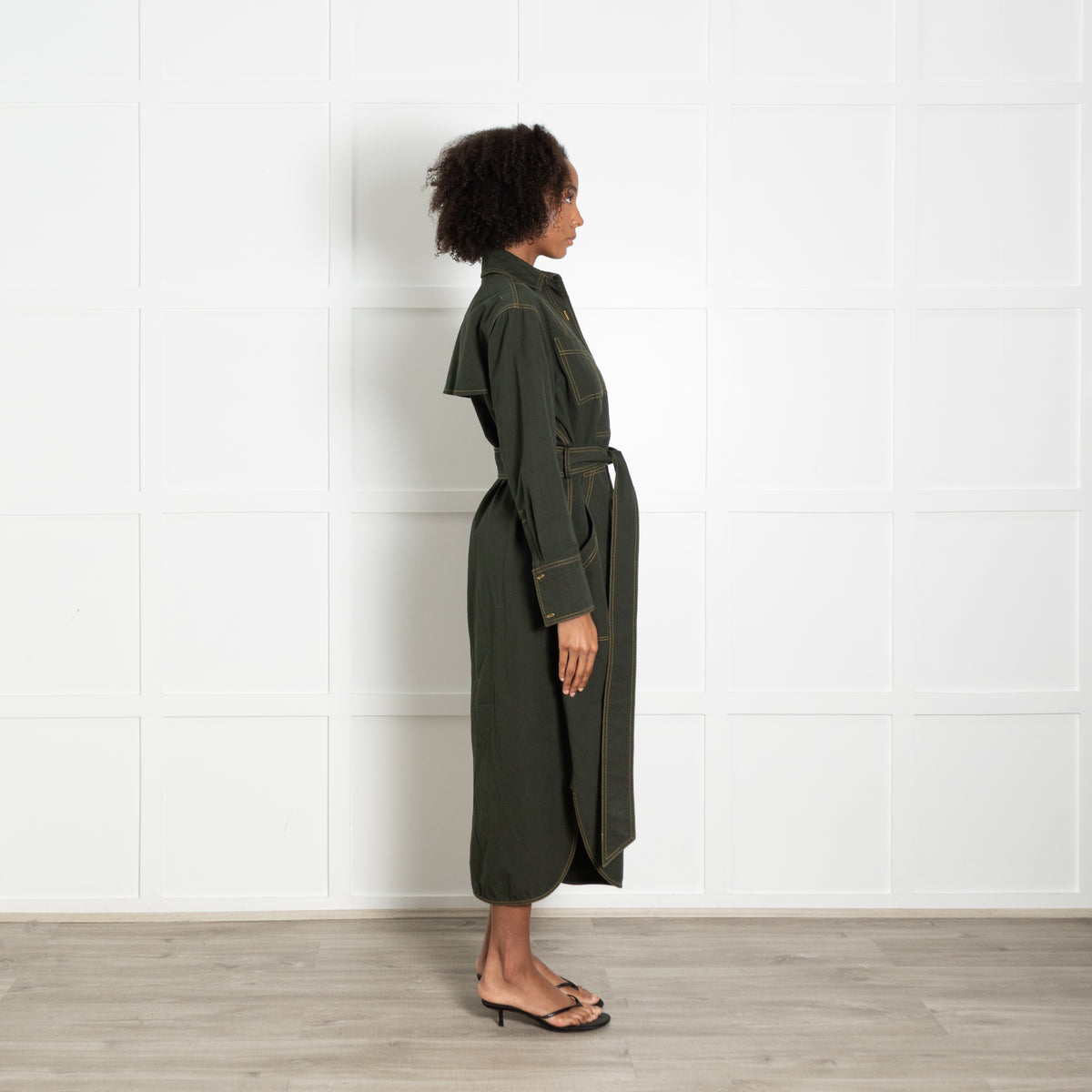 Wiggy Kit Forest Green Cotton Pocket Detail Belted Shirt Dress