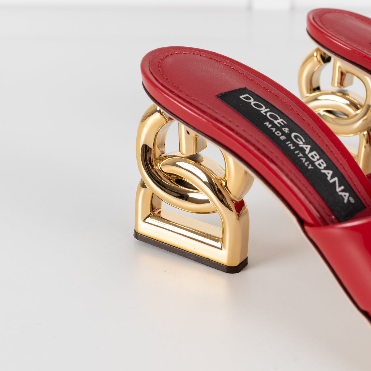 Dolce & Gabbana Red Patent Leather Mules With Gold Monogram Heel