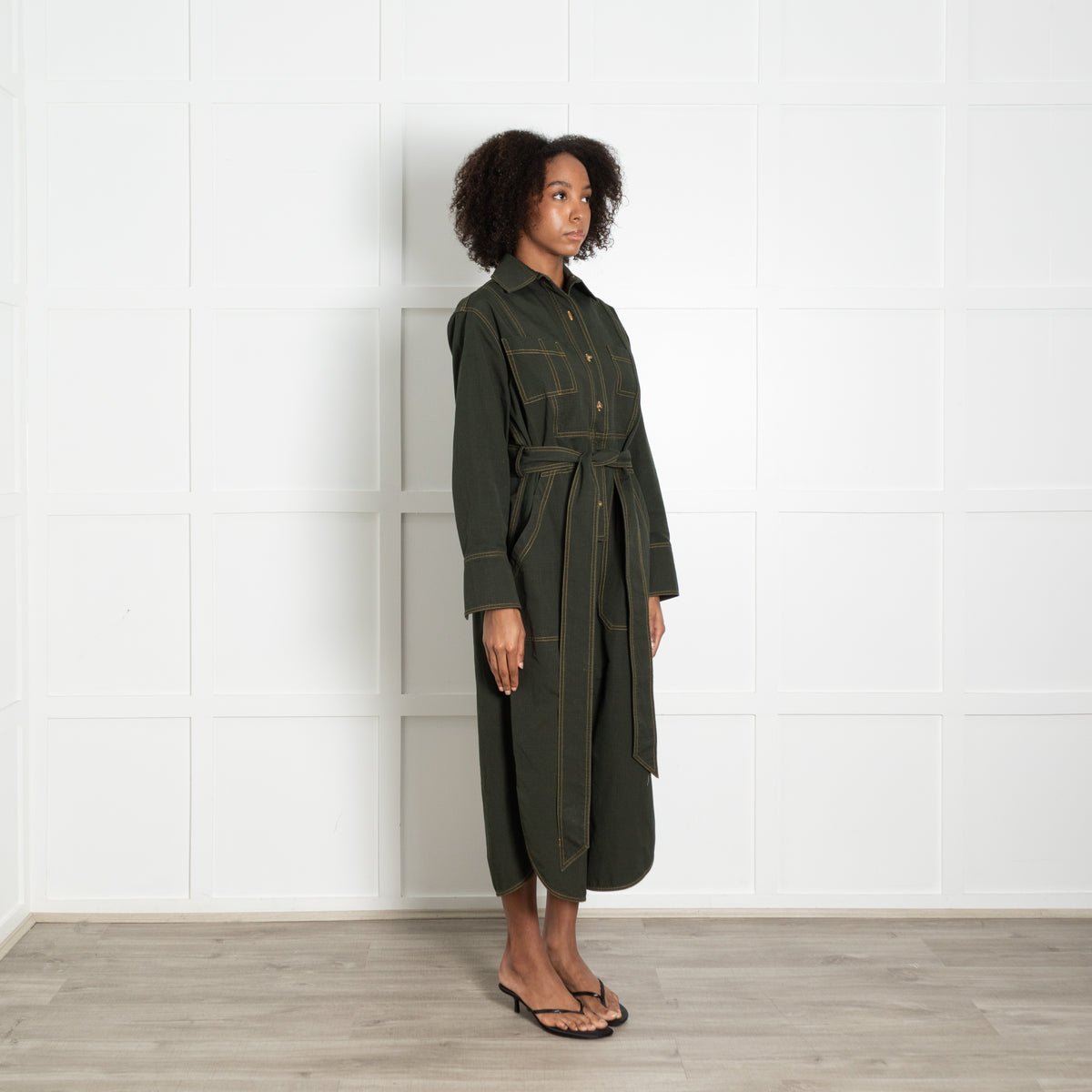Wiggy Kit Forest Green Cotton Pocket Detail Belted Shirt Dress