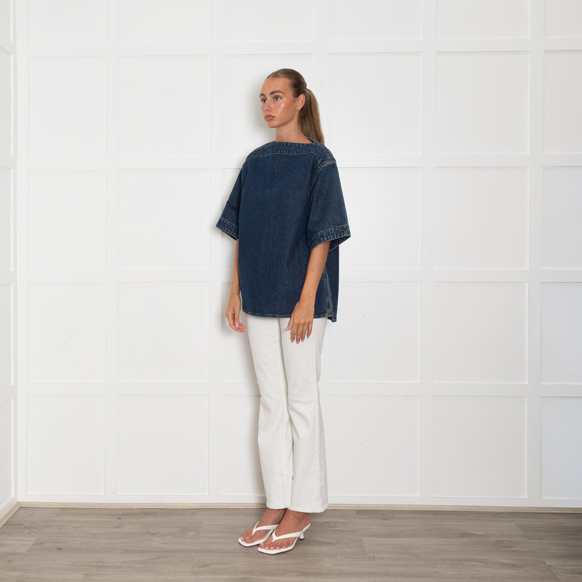 Toteme Dark Denim Structured Short Sleeve Top