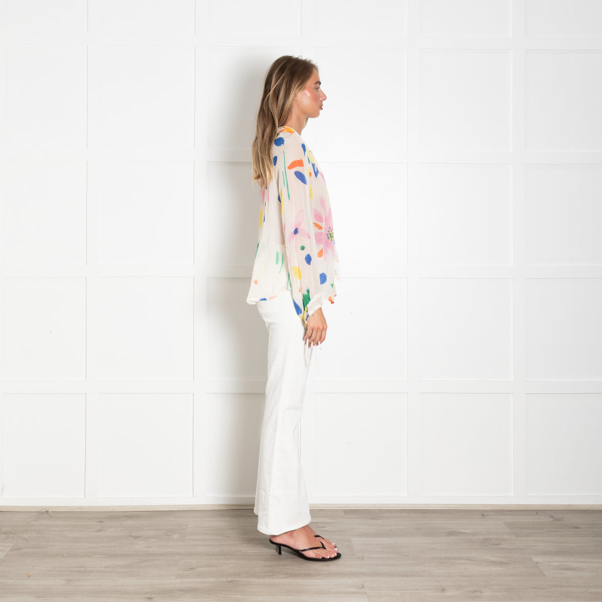Pyrus Cream Pink Orange Blue Print Tie V Neck Blouse
