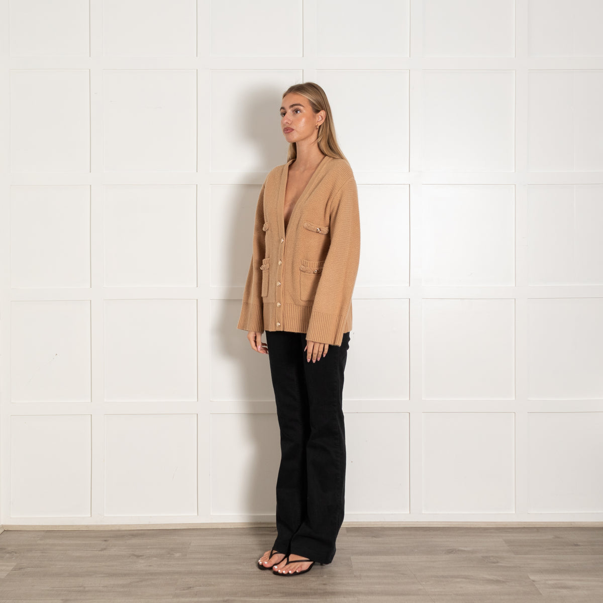 Sandro Camel Jumbo Knit Plaited Detail Long Cardigan