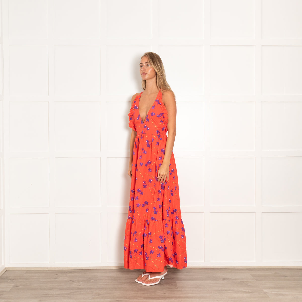Borgo De Nor Red Halter Neck Dress With Purple Flowers