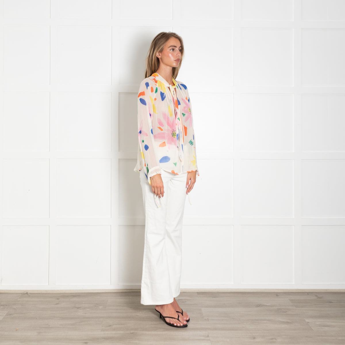 Pyrus Cream Pink Orange Blue Print Tie V Neck Blouse