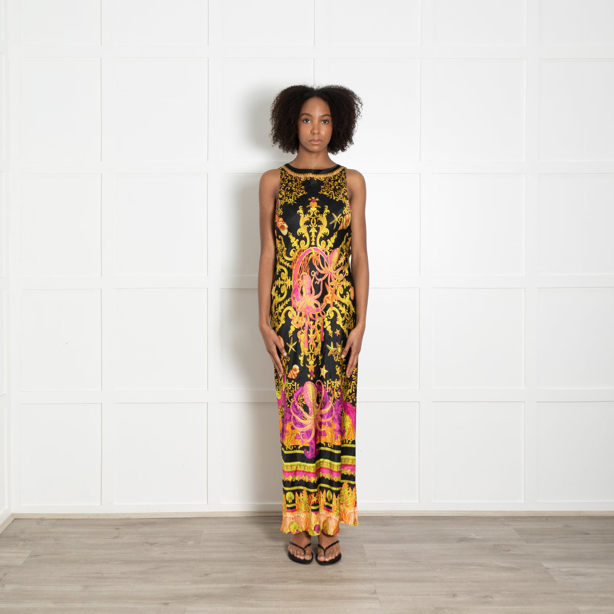 Camilla Black Pink Gold Orange Nautical Print Gold Chain Sleeveless Maxi Dress