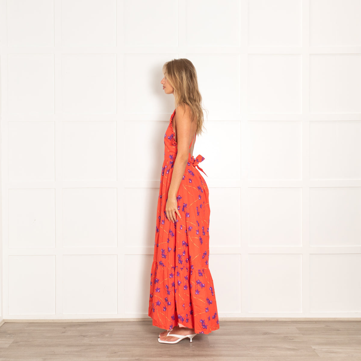 Borgo De Nor Red Halter Neck Dress With Purple Flowers