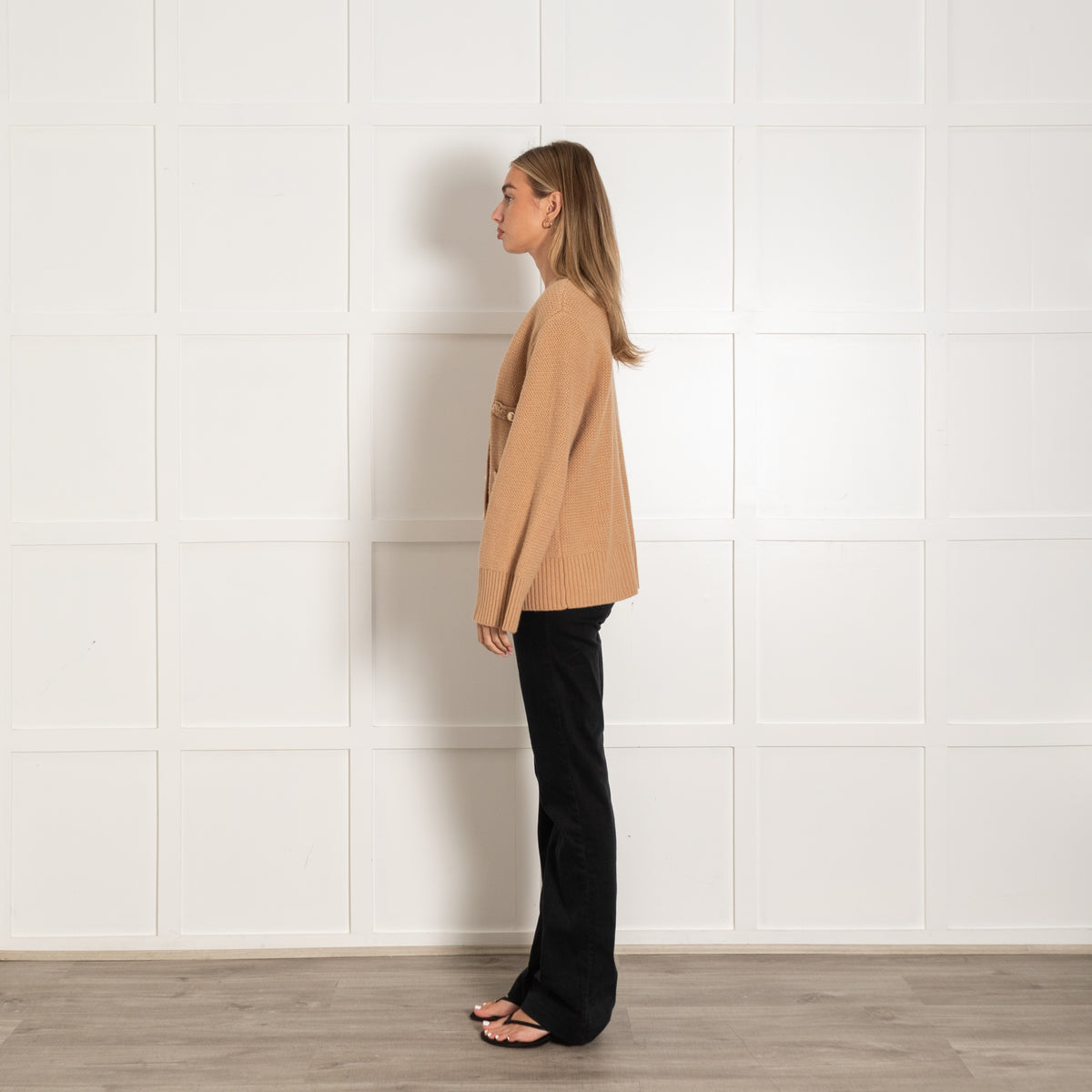 Sandro Camel Jumbo Knit Plaited Detail Long Cardigan