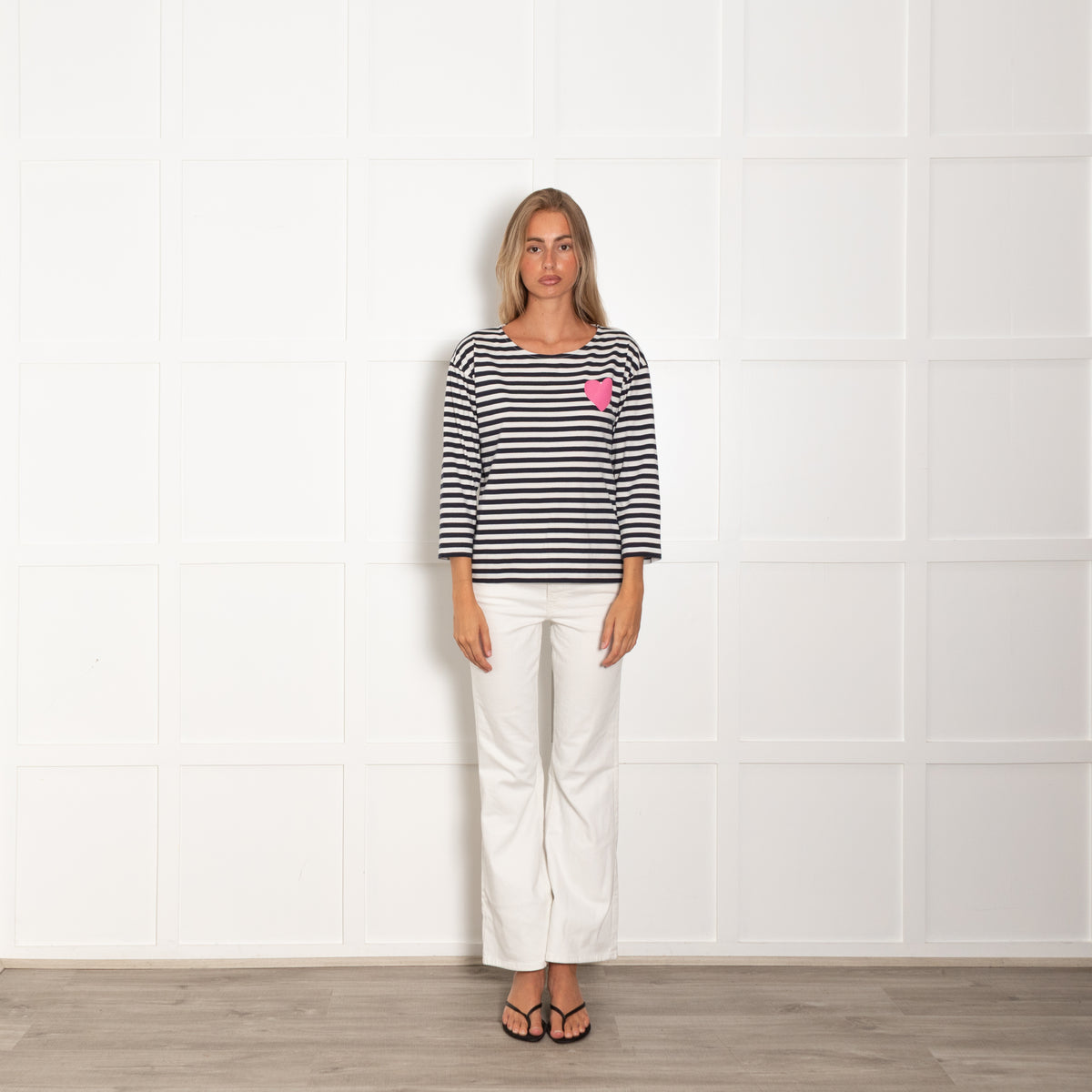 Chinti & Parker Navy Blue & White Stripe Pink Heart Top
