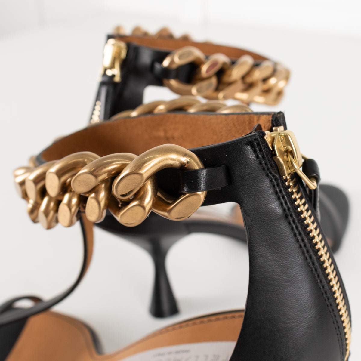 Stella McCartney Black Falabella Sandals With Gold Ankle Chain