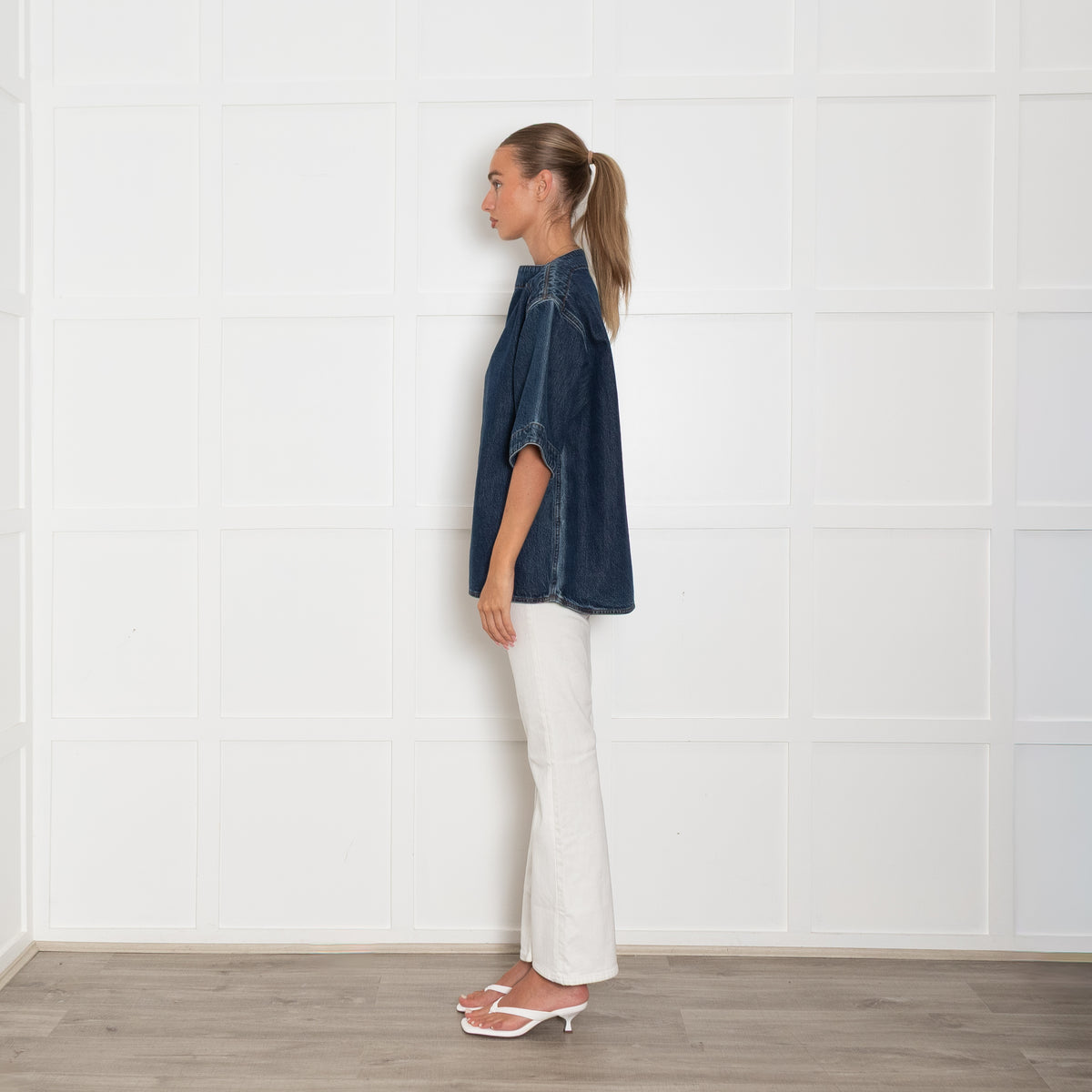 Toteme Dark Denim Structured Short Sleeve Top