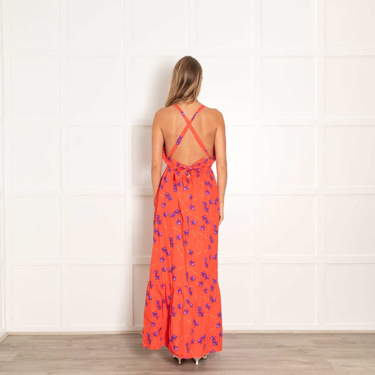 Borgo De Nor Red Halter Neck Dress With Purple Flowers