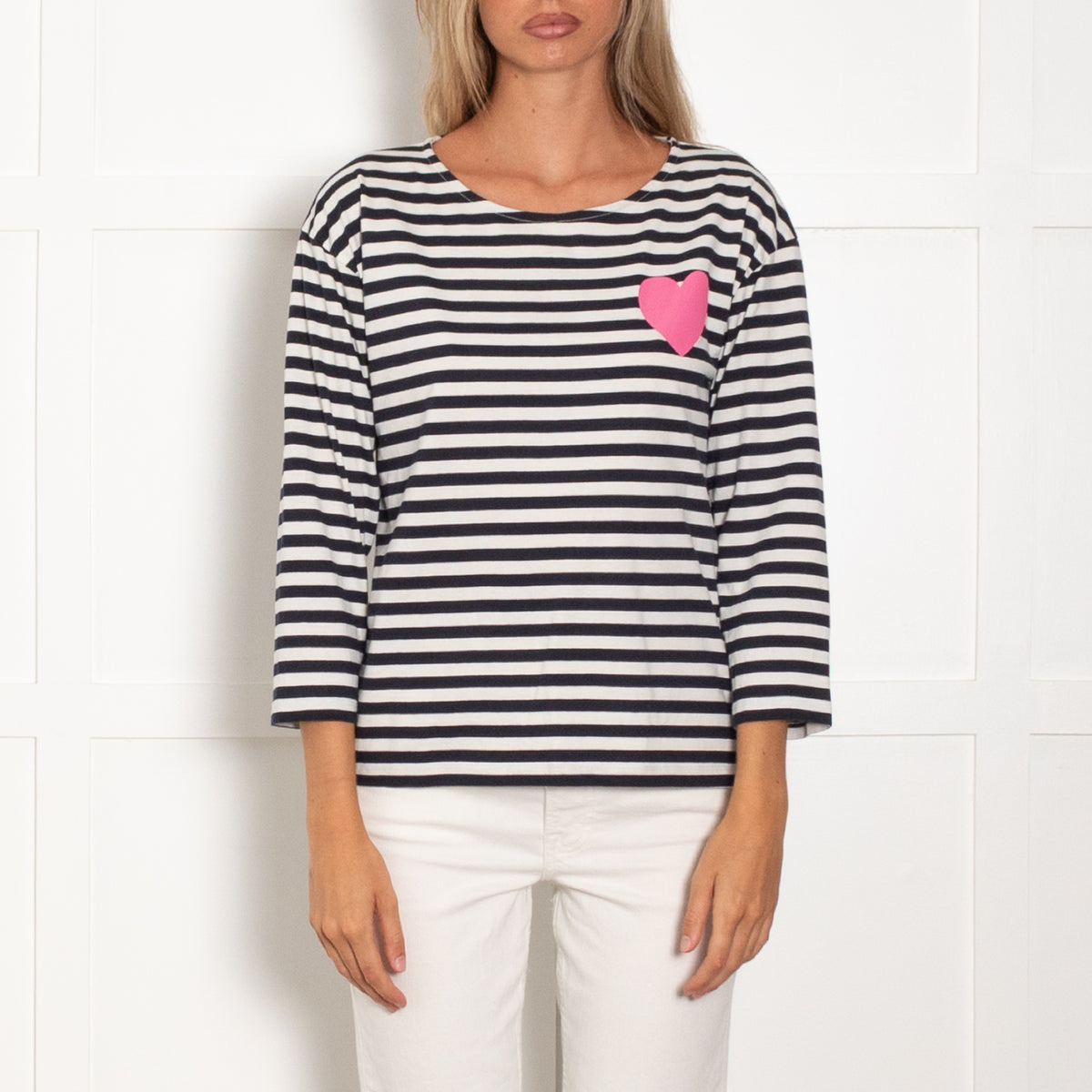 Chinti & Parker Navy Blue & White Stripe Pink Heart Top