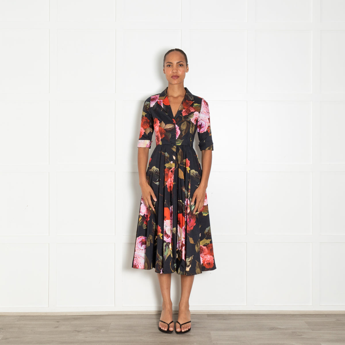 Suzannah Black Red Rose Print Short Sleeve Dress