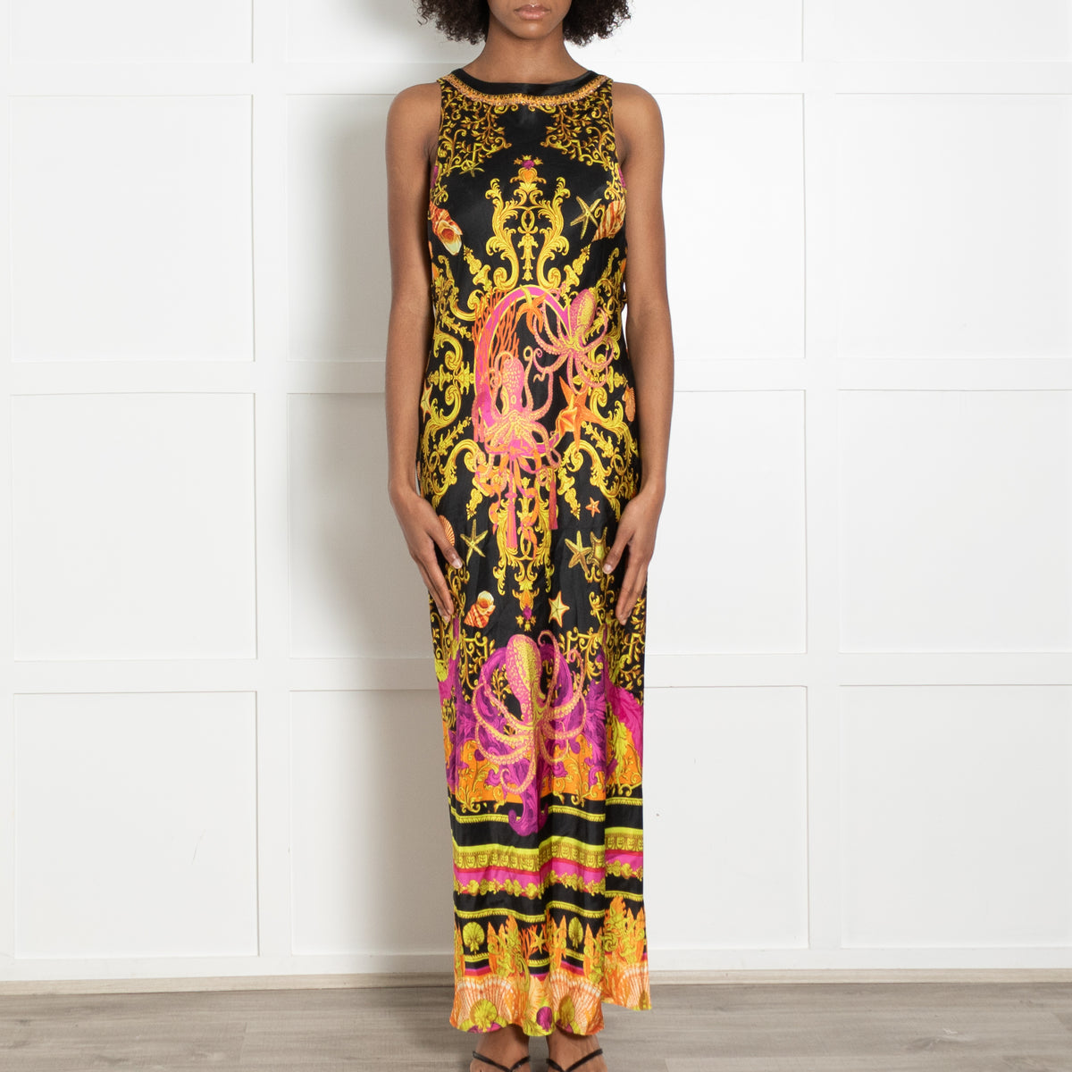 Camilla Black Pink Gold Orange Nautical Print Gold Chain Sleeveless Maxi Dress
