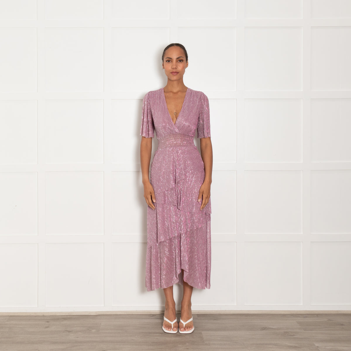Maje Pink Metallic Ruffled V Neck Plisse Maxi Dress