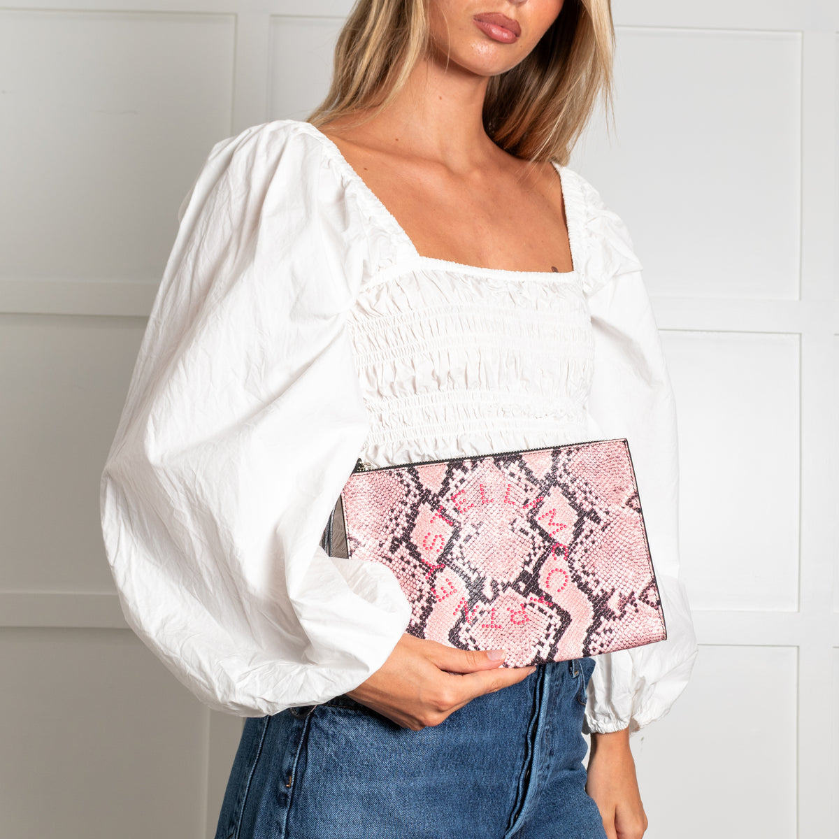 Stella McCartney Pink Snake Clutch with Pink Studs