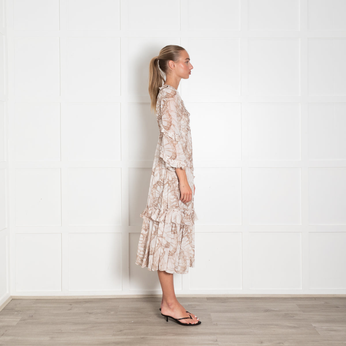 Needle & Thread Cream Beige Print Sleeved Ruffle Detail Maxi Dress