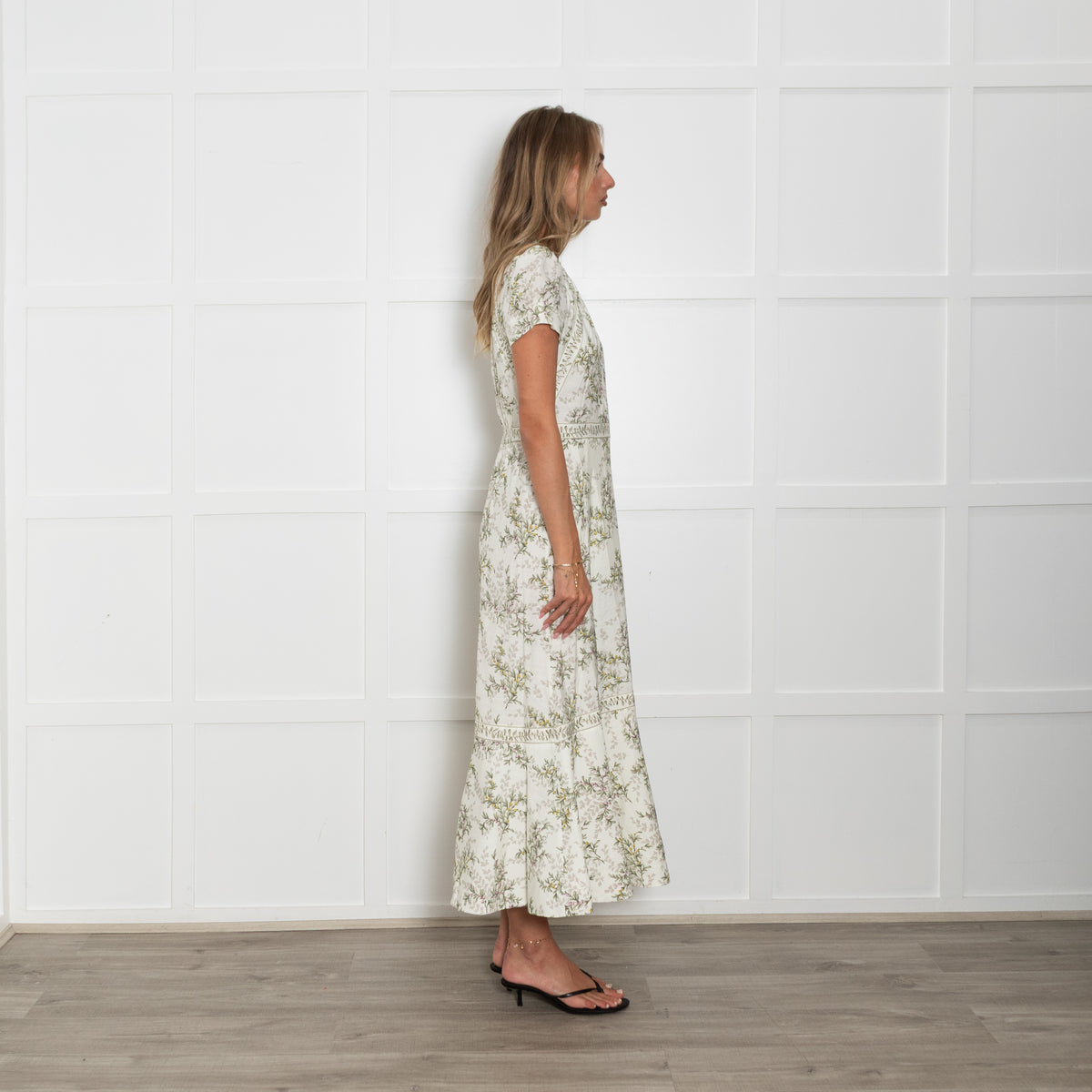 Me + Em Cream and Green Leaf Print Midi Dress