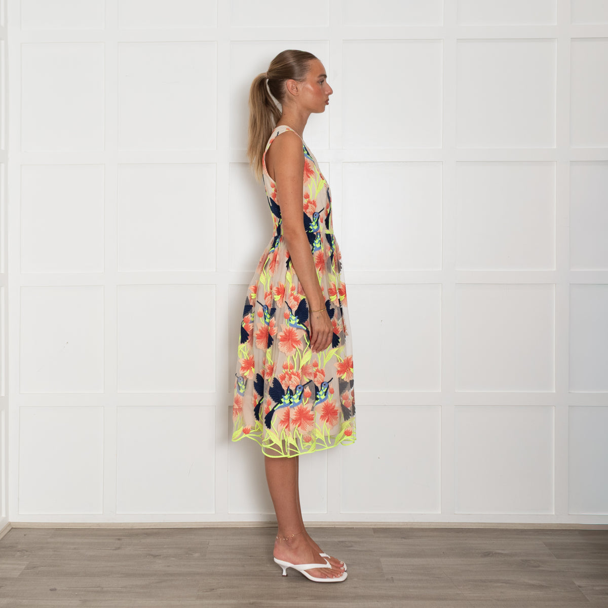 Alice + Olivia Beige Orange Neon Green Bird Embroidered Dress