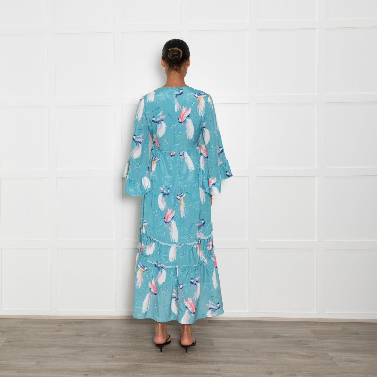 Borgo de Nor Turquoise Bird Print Tiered Maxi Dress