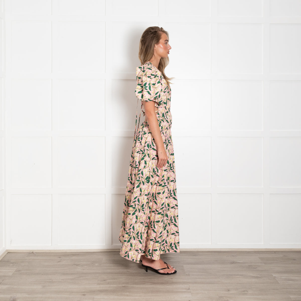 Agua Bendita Pink Green Floral Backless Puff Sleeve Maxi Dress