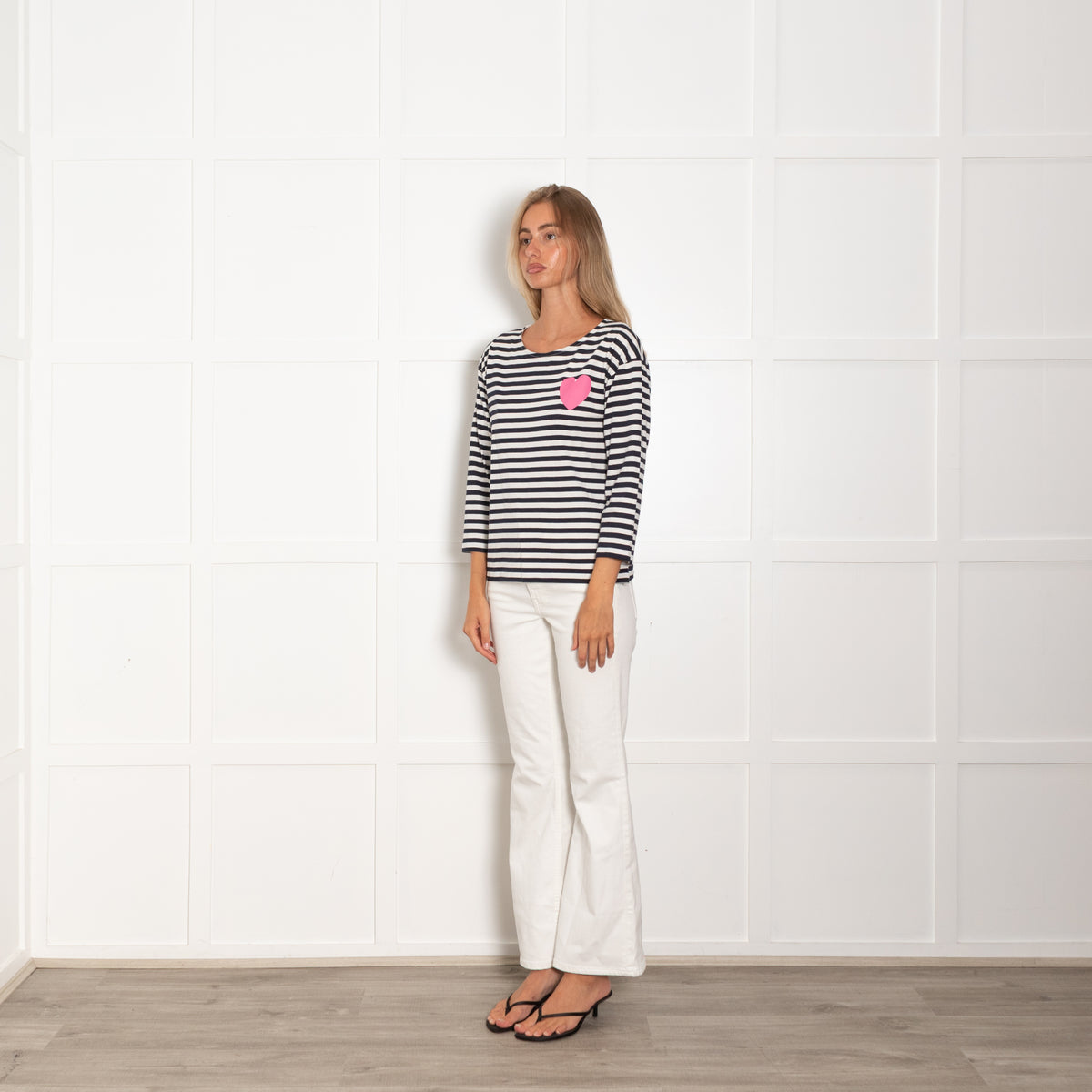 Chinti & Parker Navy Blue & White Stripe Pink Heart Top