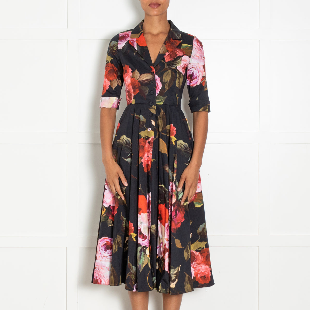 Suzannah Black Red Rose Print Short Sleeve Dress