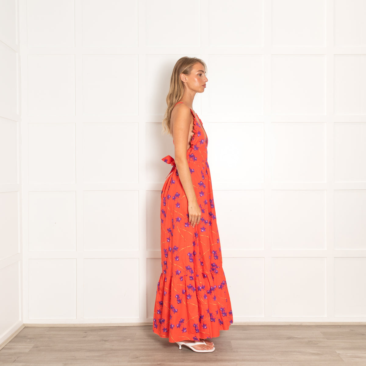 Borgo De Nor Red Halter Neck Dress With Purple Flowers