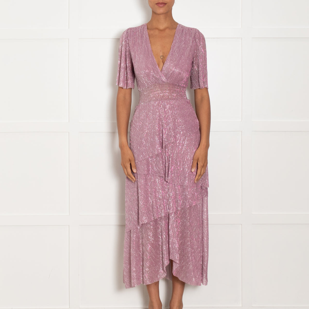 Maje Pink Metallic Ruffled V Neck Plisse Maxi Dress