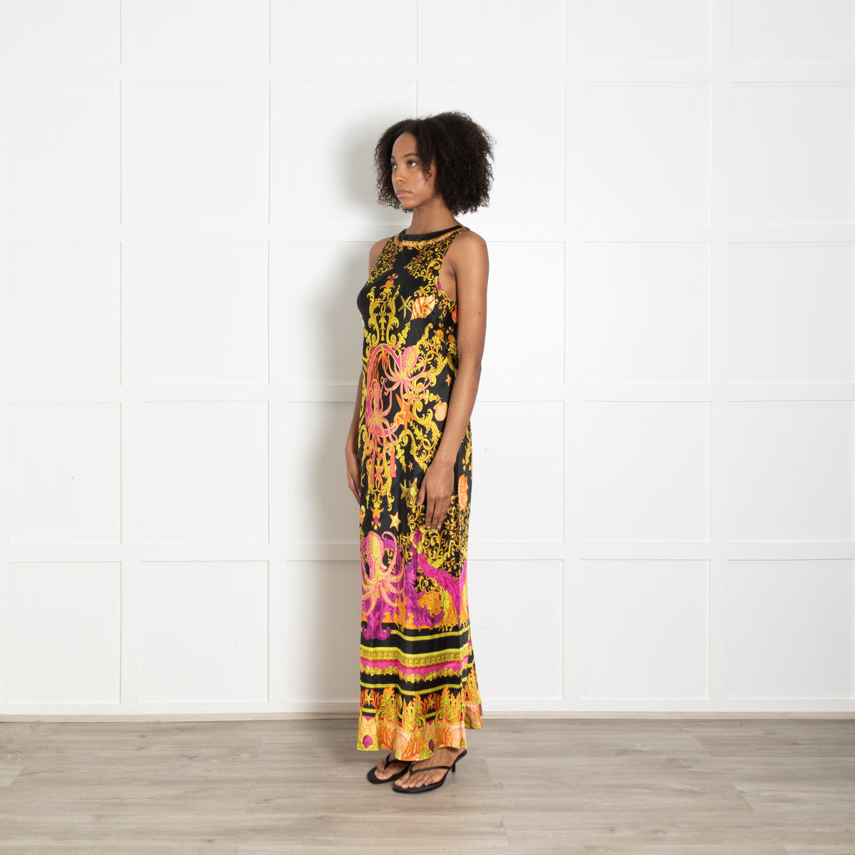 Camilla Black Pink Gold Orange Nautical Print Gold Chain Sleeveless Maxi Dress
