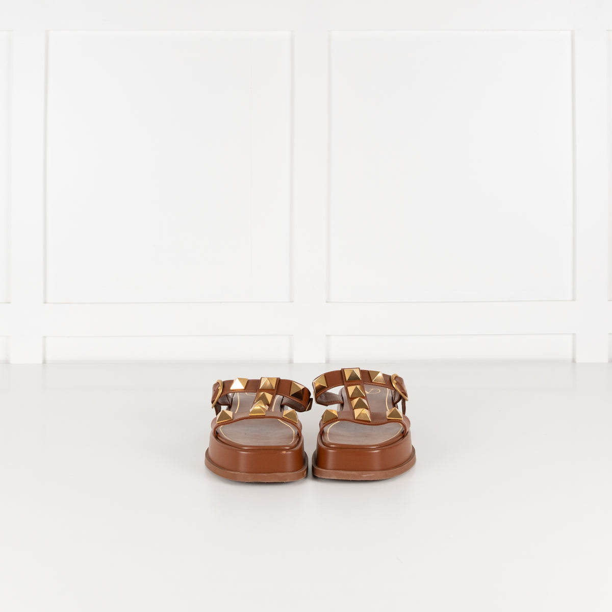Valentino Brown Leather Roman Gold Rockstud Platform Sandals