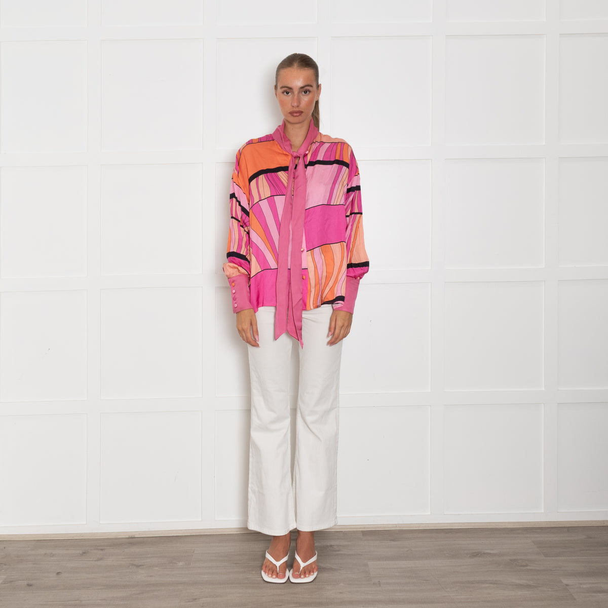 Pink Memories Pink Orange Neck Tie Blouse