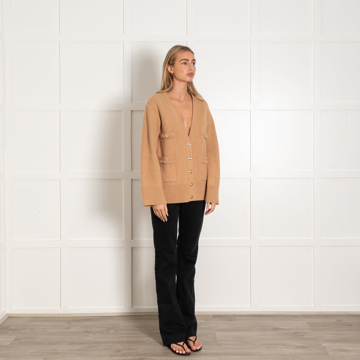 Sandro Camel Jumbo Knit Plaited Detail Long Cardigan