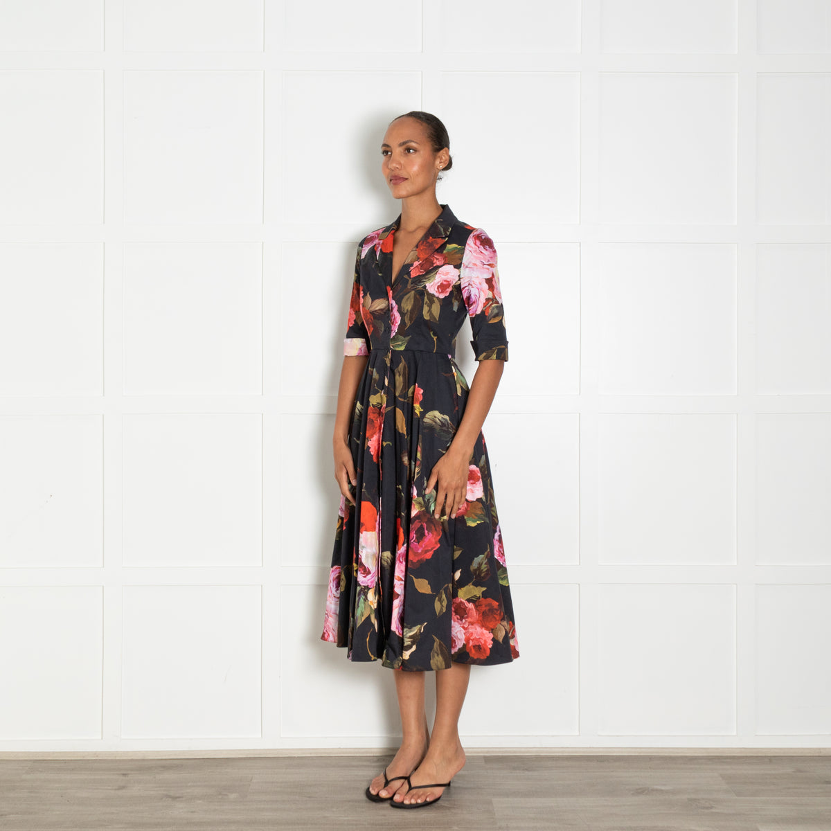 Suzannah Black Red Rose Print Short Sleeve Dress