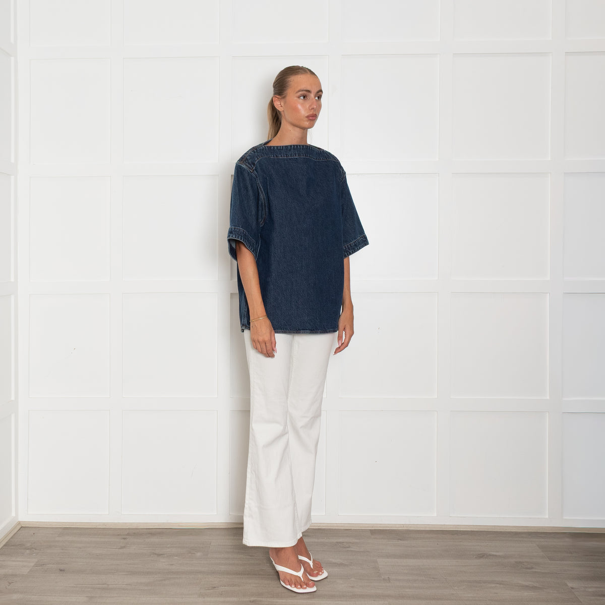 Toteme Dark Denim Structured Short Sleeve Top