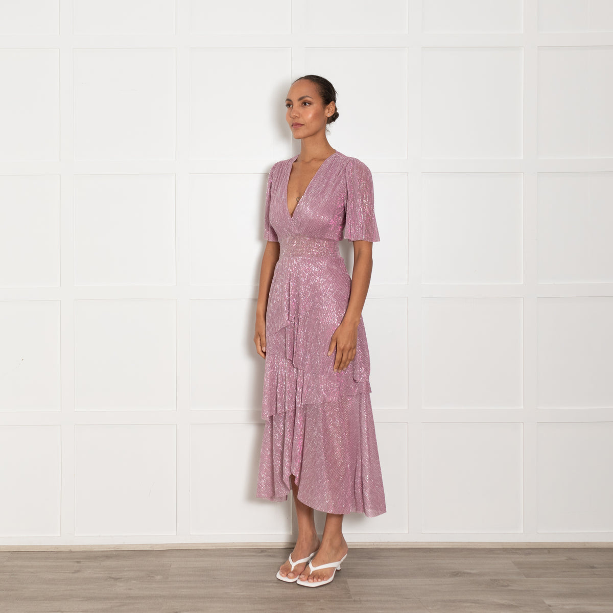 Maje Pink Metallic Ruffled V Neck Plisse Maxi Dress