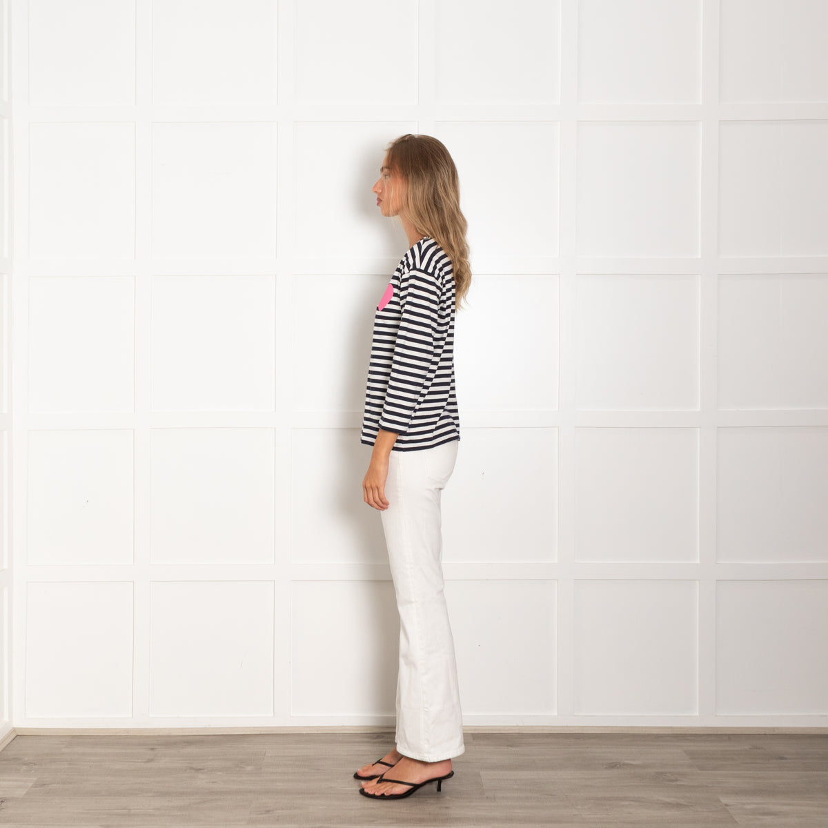Chinti & Parker Navy Blue & White Stripe Pink Heart Top