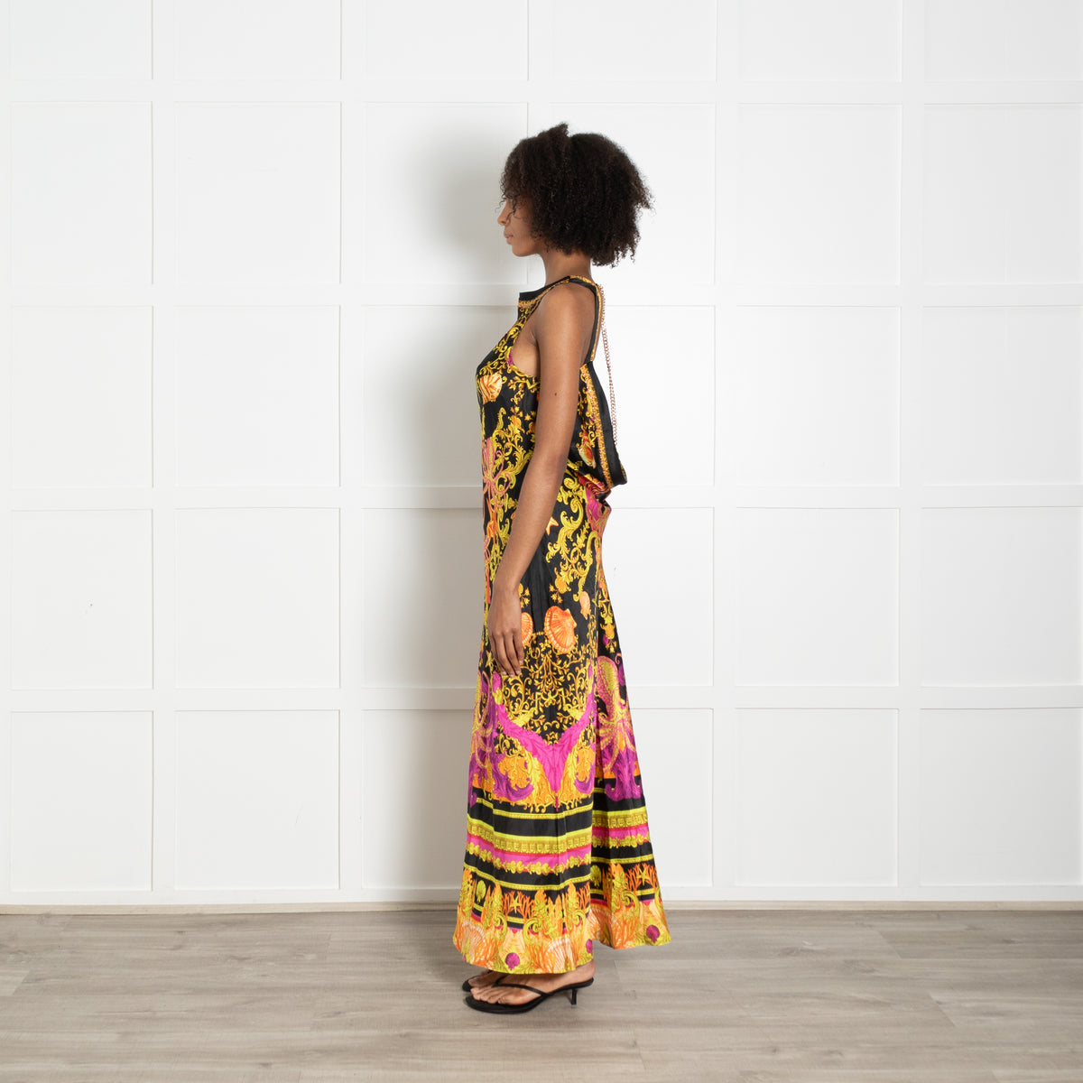 Camilla Black Pink Gold Orange Nautical Print Gold Chain Sleeveless Maxi Dress