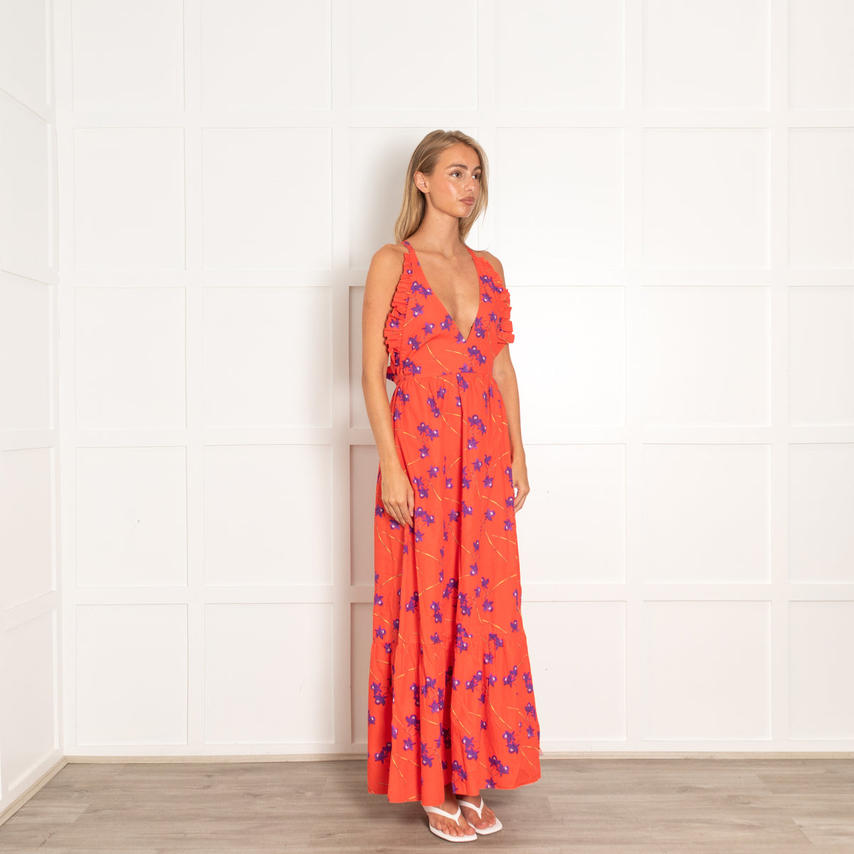 Borgo De Nor Red Halter Neck Dress With Purple Flowers