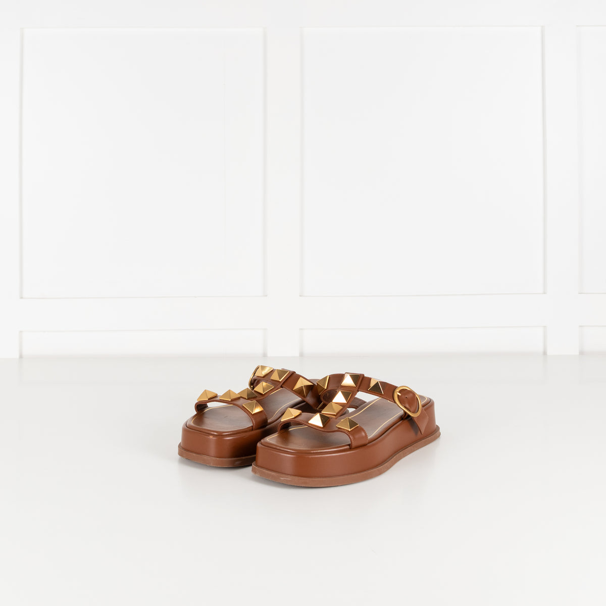 Valentino Brown Leather Roman Gold Rockstud Platform Sandals