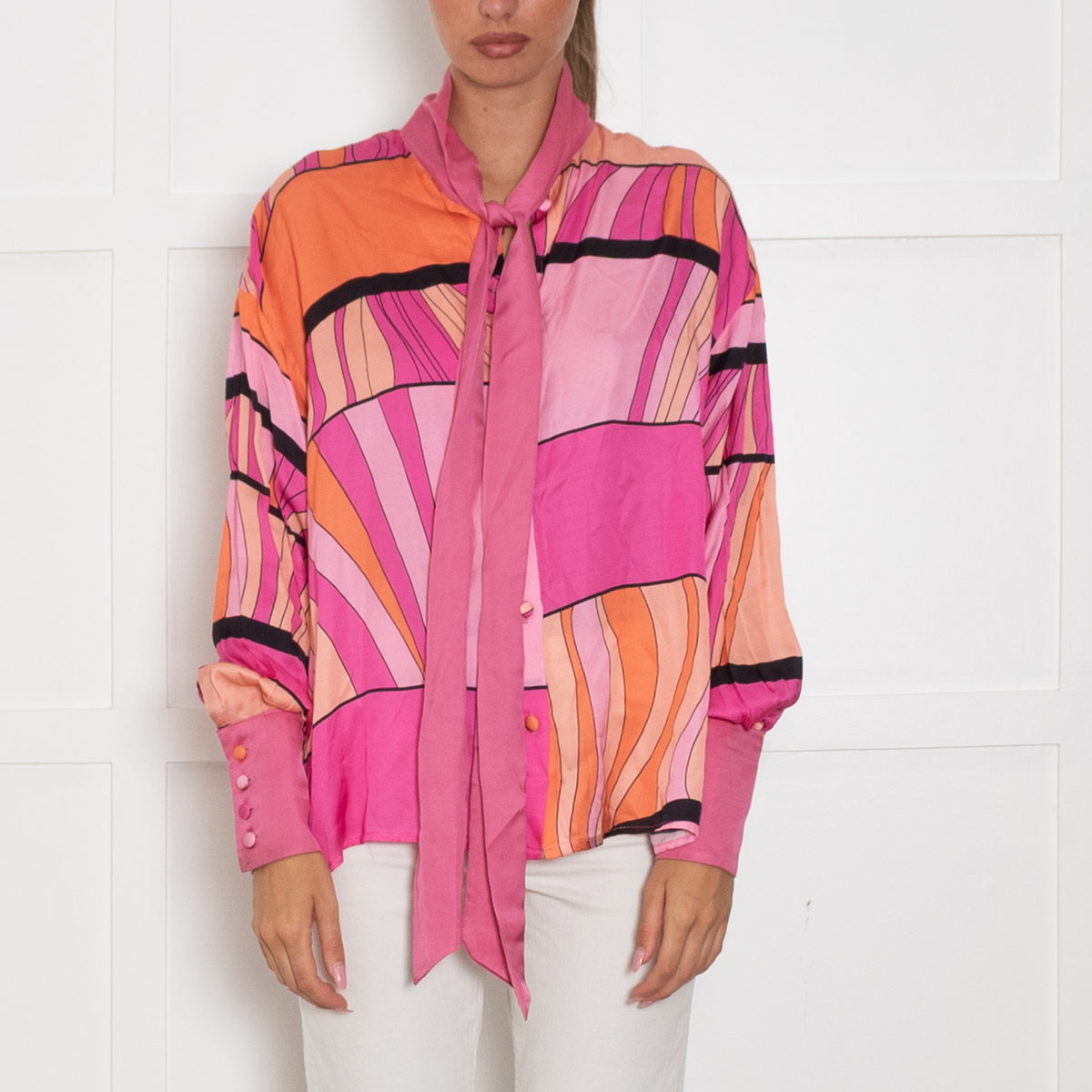 Pink Memories Pink Orange Neck Tie Blouse