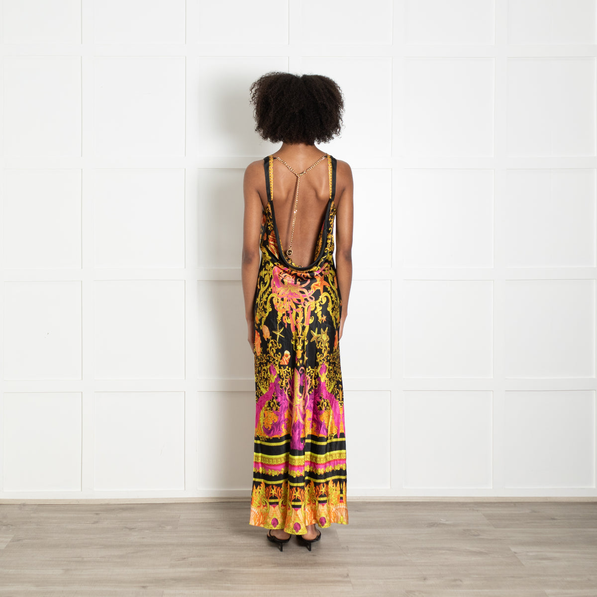 Camilla Black Pink Gold Orange Nautical Print Gold Chain Sleeveless Maxi Dress